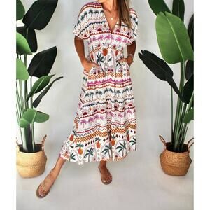 NWT MinkPink Eyona Midi Dress Small Colorful Palm Print Tropical Vacation Resort